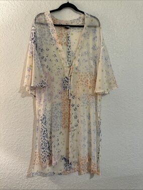 wild fable Sheer Floral Kimono Cover-Up in Cream with Multicolor Prints